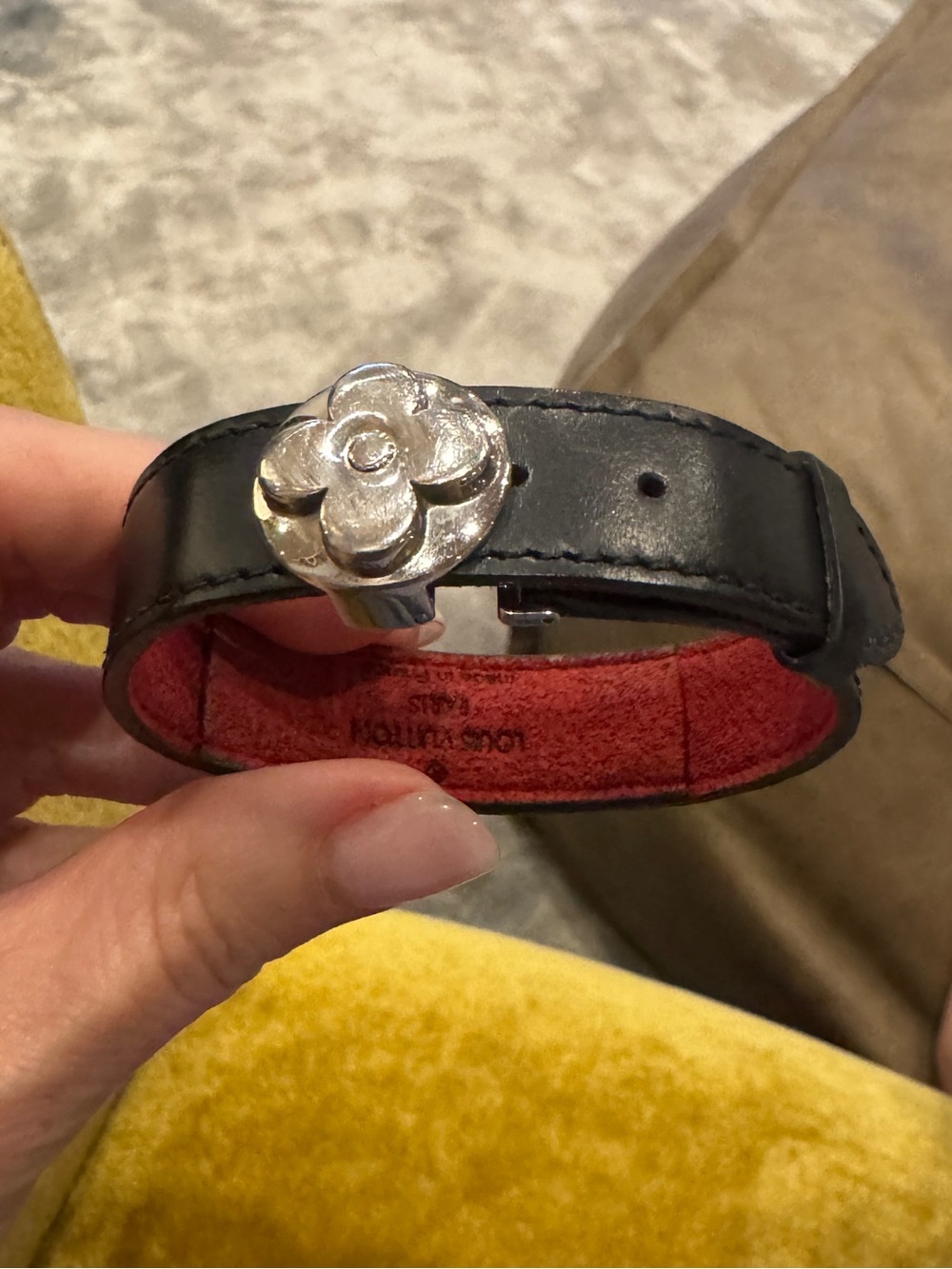 Louis Vuitton Black Leather Bracelet with Silver Camellia and Red Lining